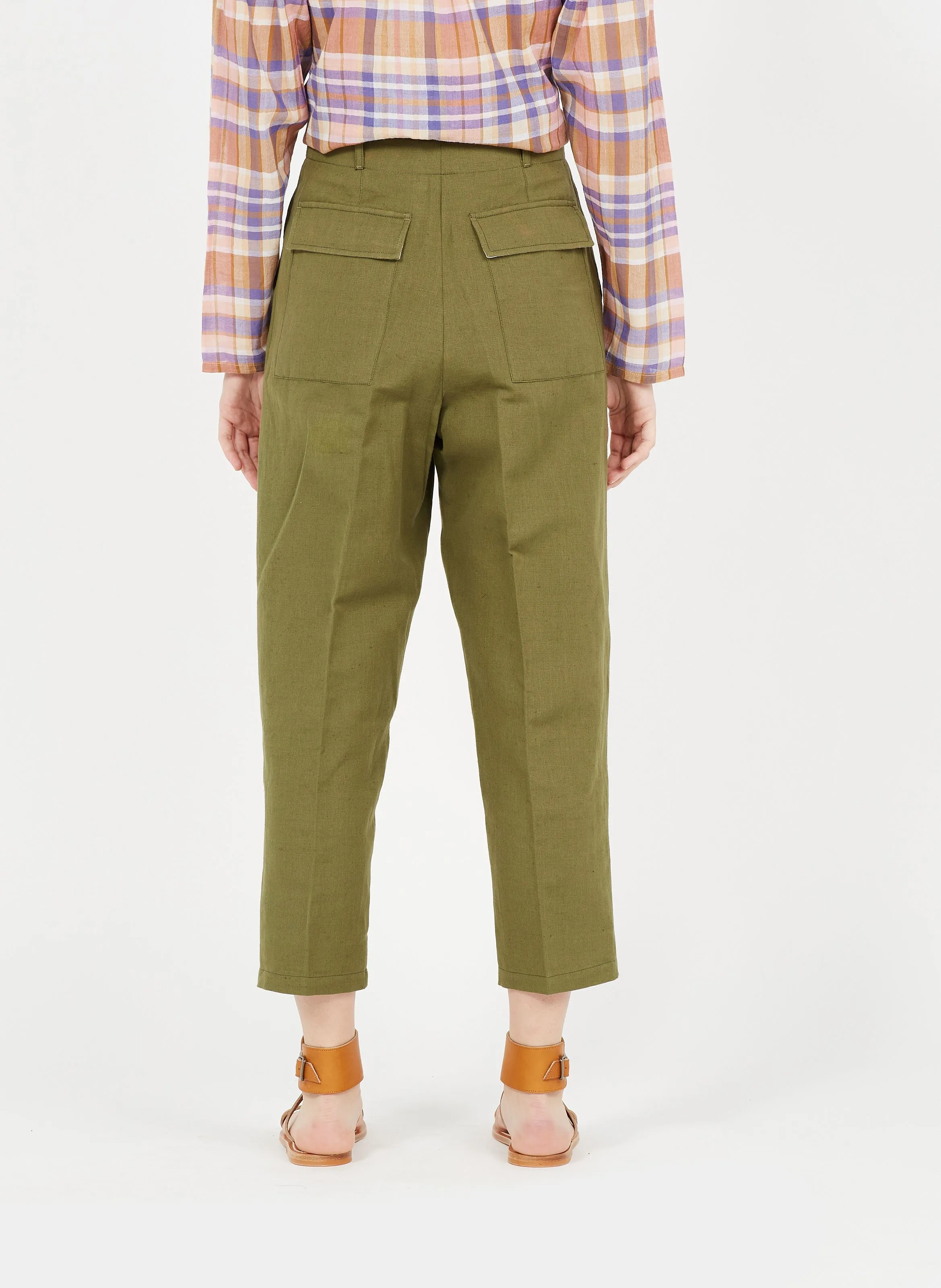 ALAN - Pantalón de lino y algodón tapered de talle alto en caqui