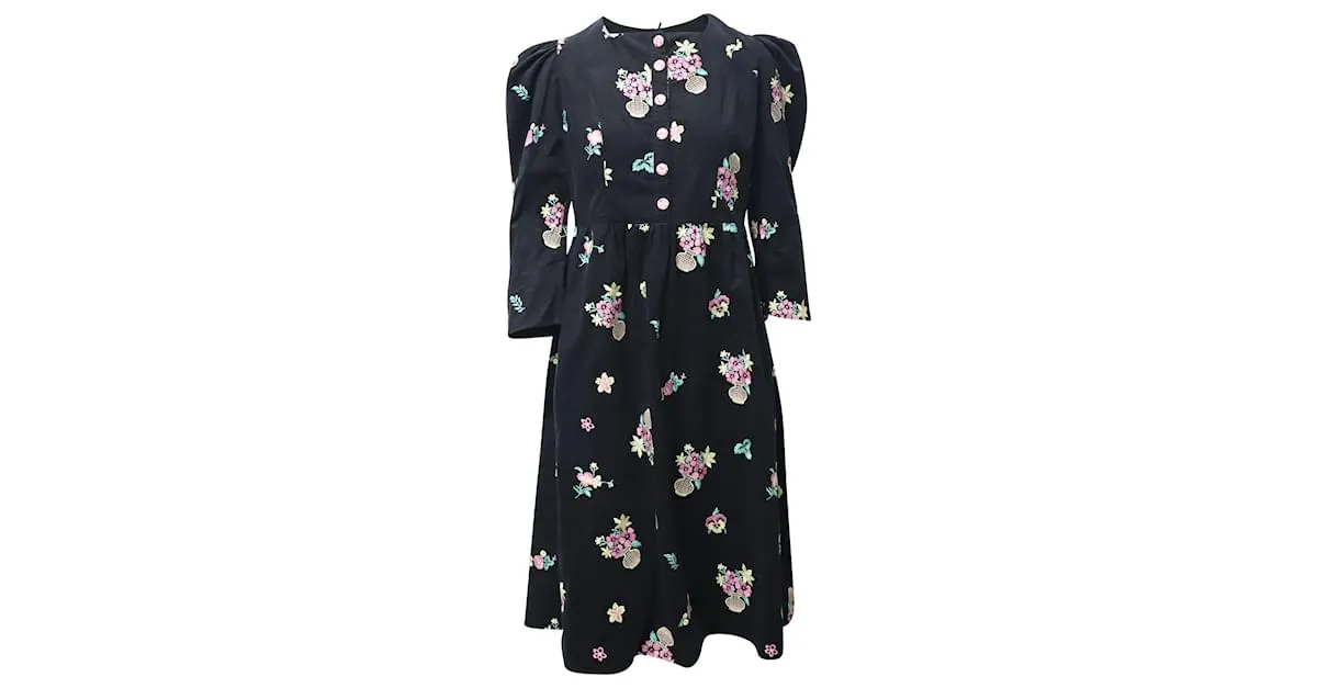 Autre Marque Batsheva Vestido midi con mangas abullonadas en algodón con estampado floral negro 