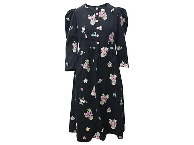 Autre Marque Batsheva Vestido midi con mangas abullonadas en algodón con estampado floral negro 