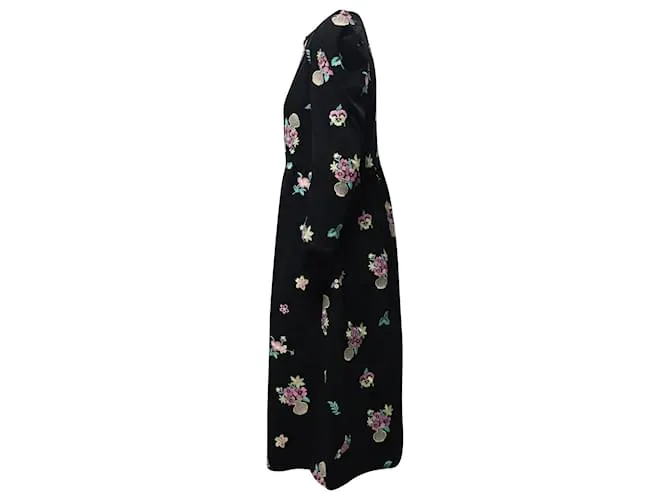 Autre Marque Batsheva Vestido midi con mangas abullonadas en algodón con estampado floral negro 