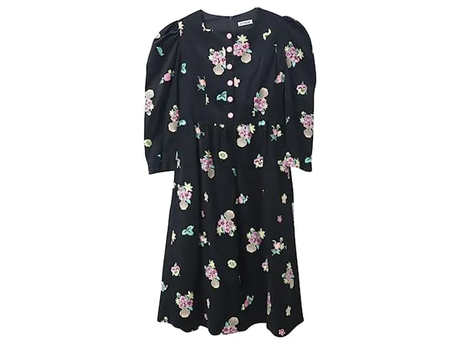 Autre Marque Batsheva Vestido midi con mangas abullonadas en algodón con estampado floral negro 