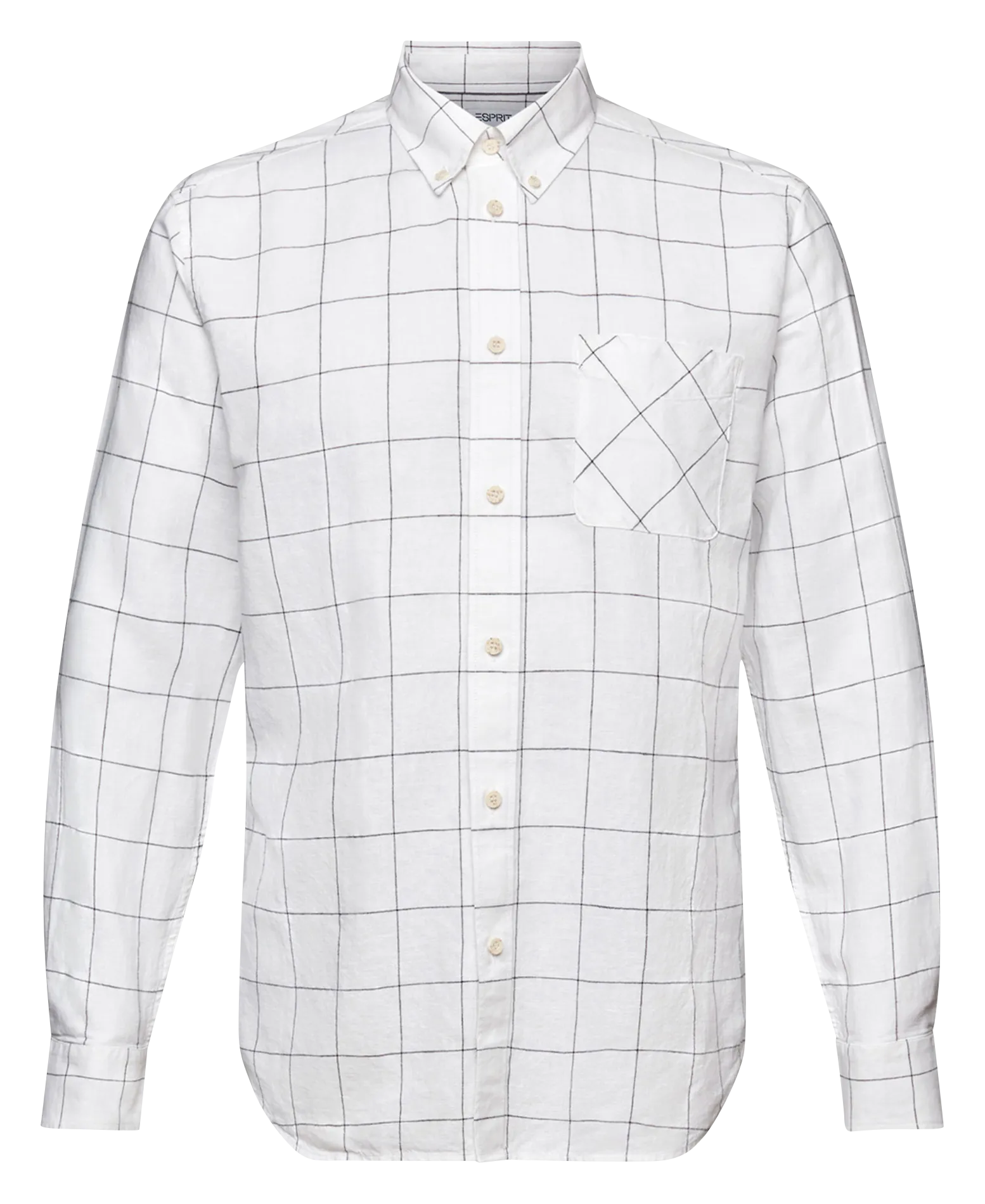 Camisa con cuello americano de algodón y lino a cuadros en blanco