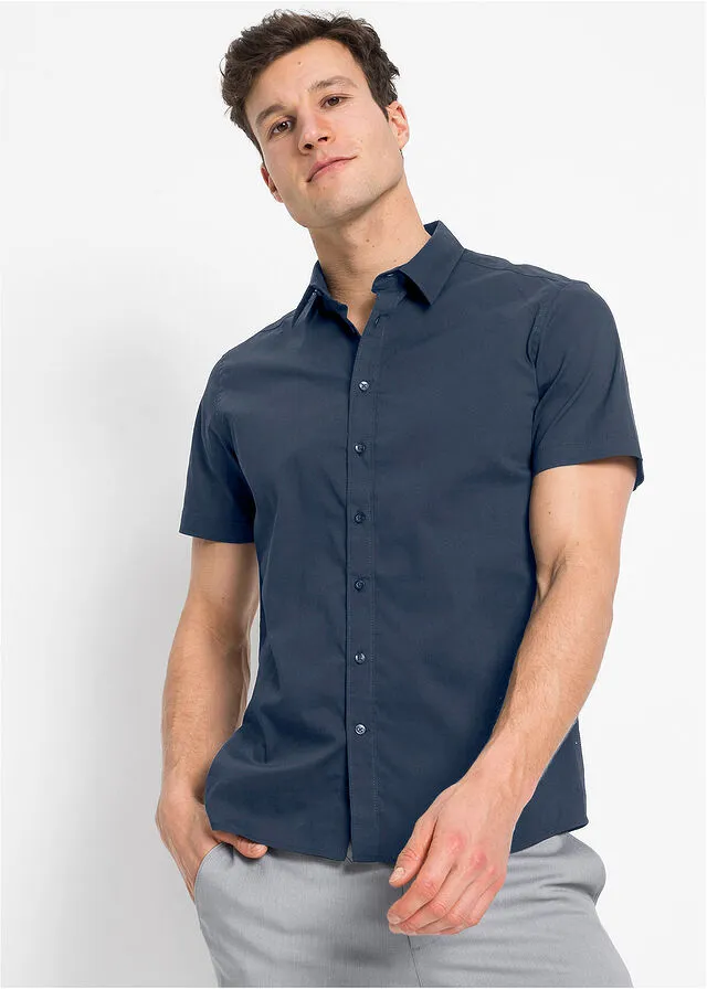 Camisa elástica de manga corta y corte slim Azul marino