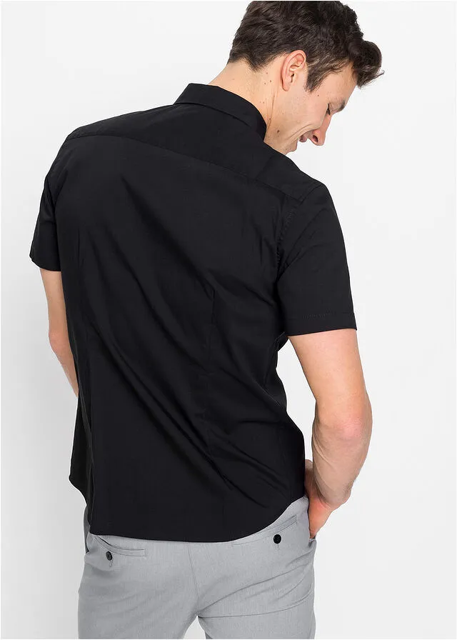 Camisa elástica de manga corta y corte slim Negro