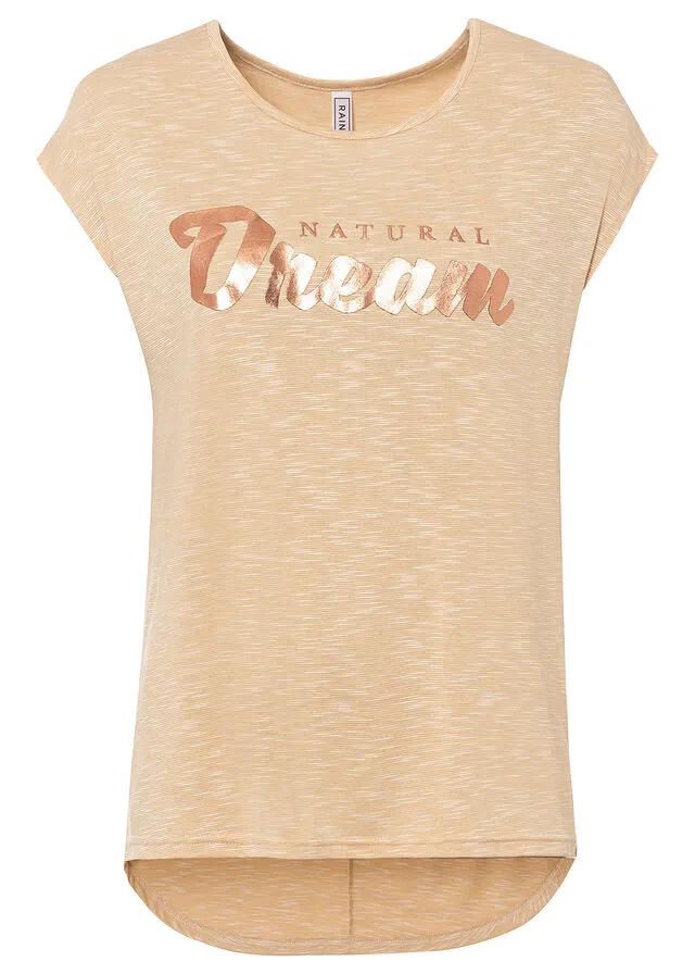 Camisa larga con letras resaltadas Beige jaspeado