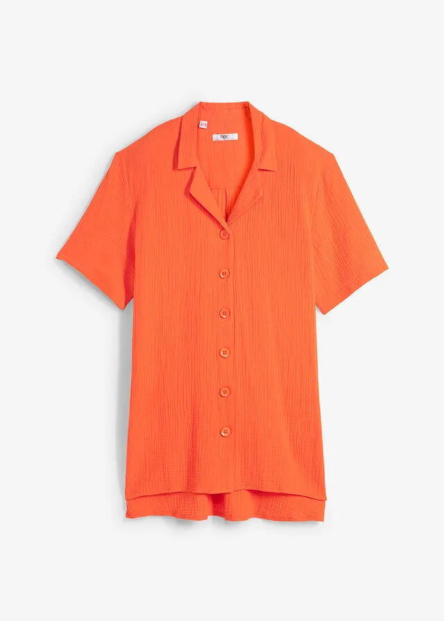 Camisa larga de muselina con botones y manga corta Rojo mandarina