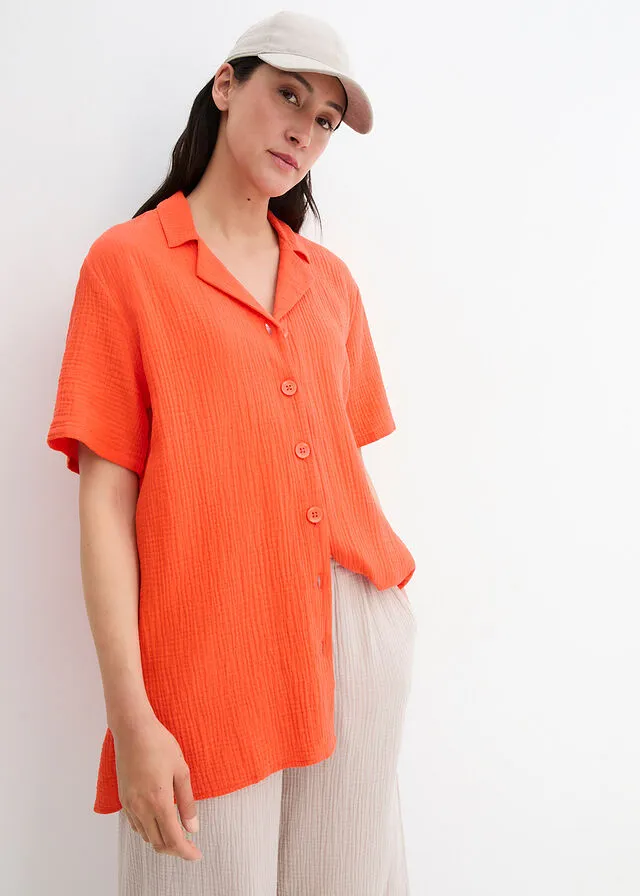 Camisa larga de muselina con botones y manga corta Rojo mandarina