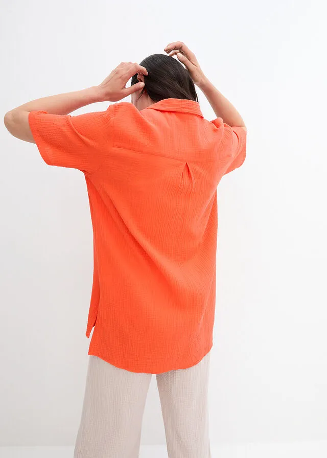 Camisa larga de muselina con botones y manga corta Rojo mandarina