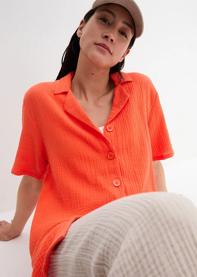 Camisa larga de muselina con botones y manga corta Rojo mandarina