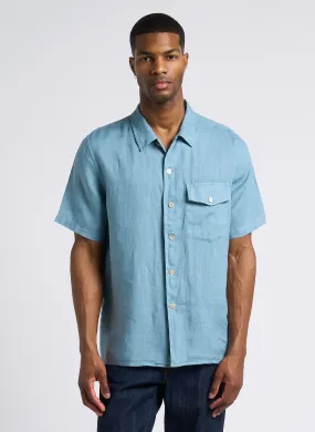 Camisa recta de lino con cuello cubano en azul