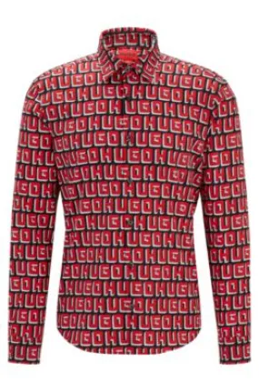 Camisa slim fit de popelín de algodón elástico con logo estampado