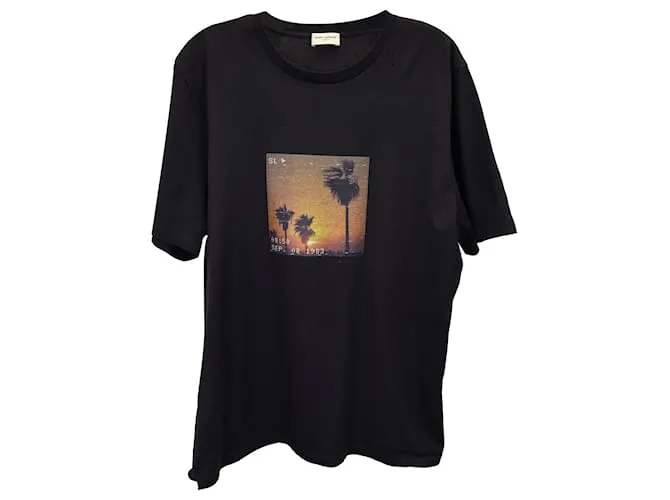 Camiseta con estampado de palmeras de algodón negro de Saint Laurent 