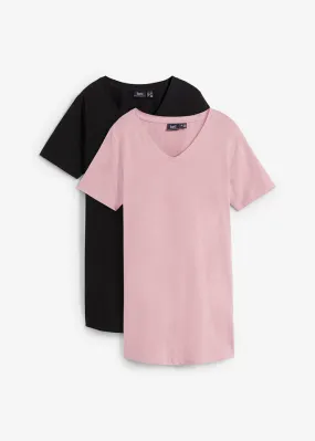 Camiseta larga básica con cuello en V y manga corta (2 unidades) Negro-rosa palo