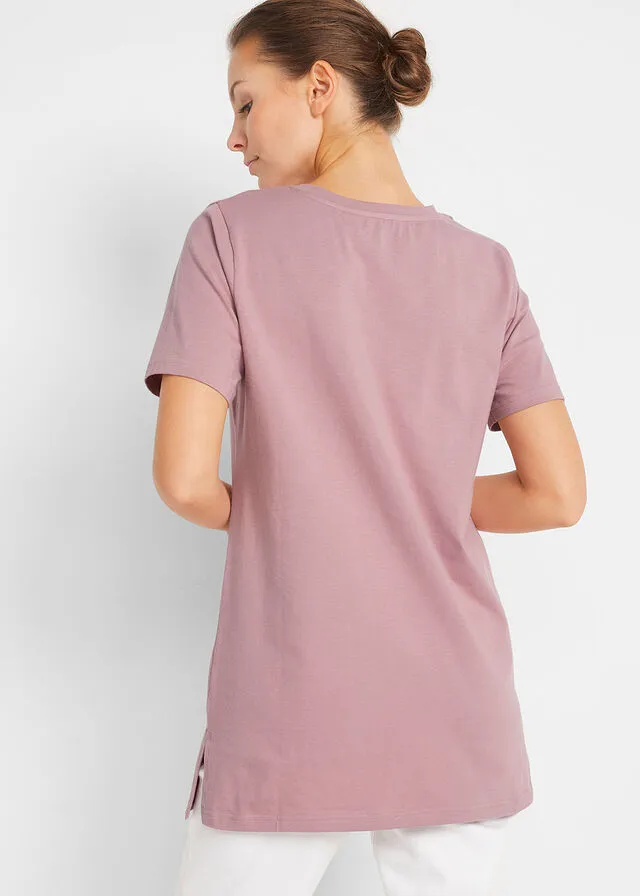 Camiseta larga básica con cuello en V y manga corta (2 unidades) Negro-rosa palo