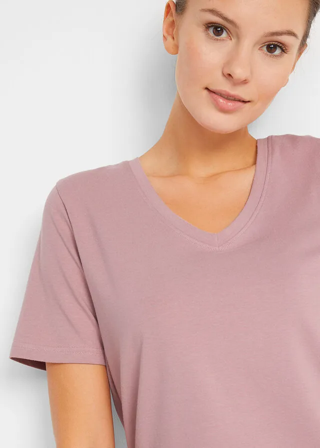 Camiseta larga básica con cuello en V y manga corta (2 unidades) Negro-rosa palo