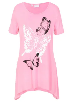 Camiseta larga con bajo irregular y estampado de mariposas Rosa flamenco-blanco-negro