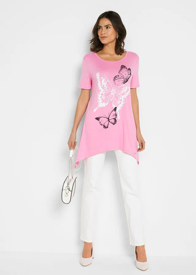 Camiseta larga con bajo irregular y estampado de mariposas Rosa flamenco-blanco-negro