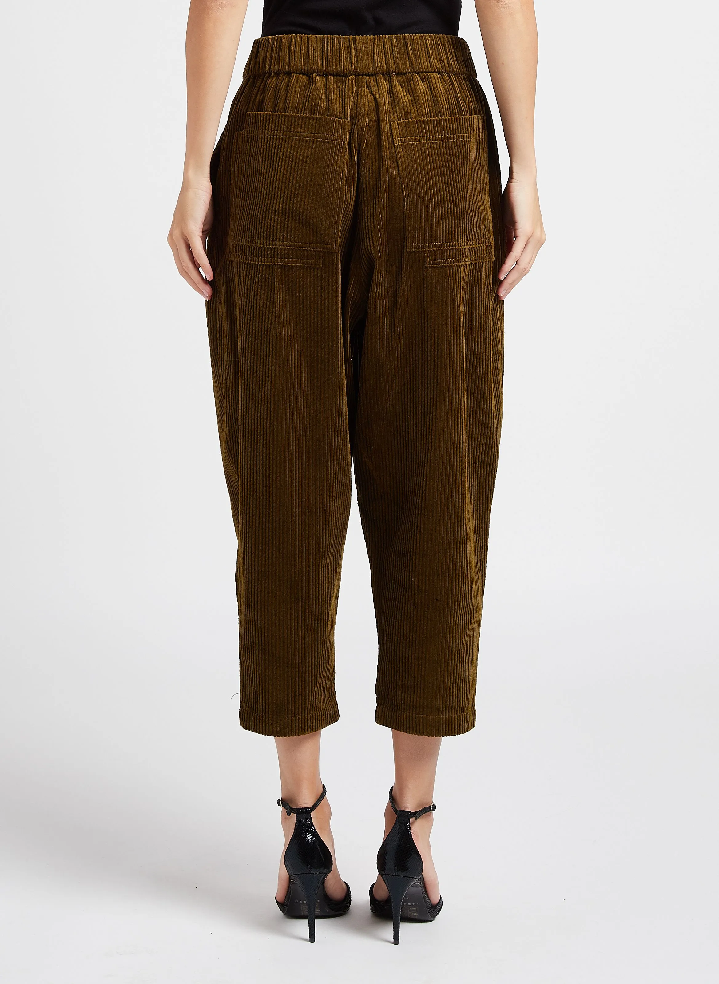 CRYSTA - Pantalón tapered de canalé de algodón en caqui