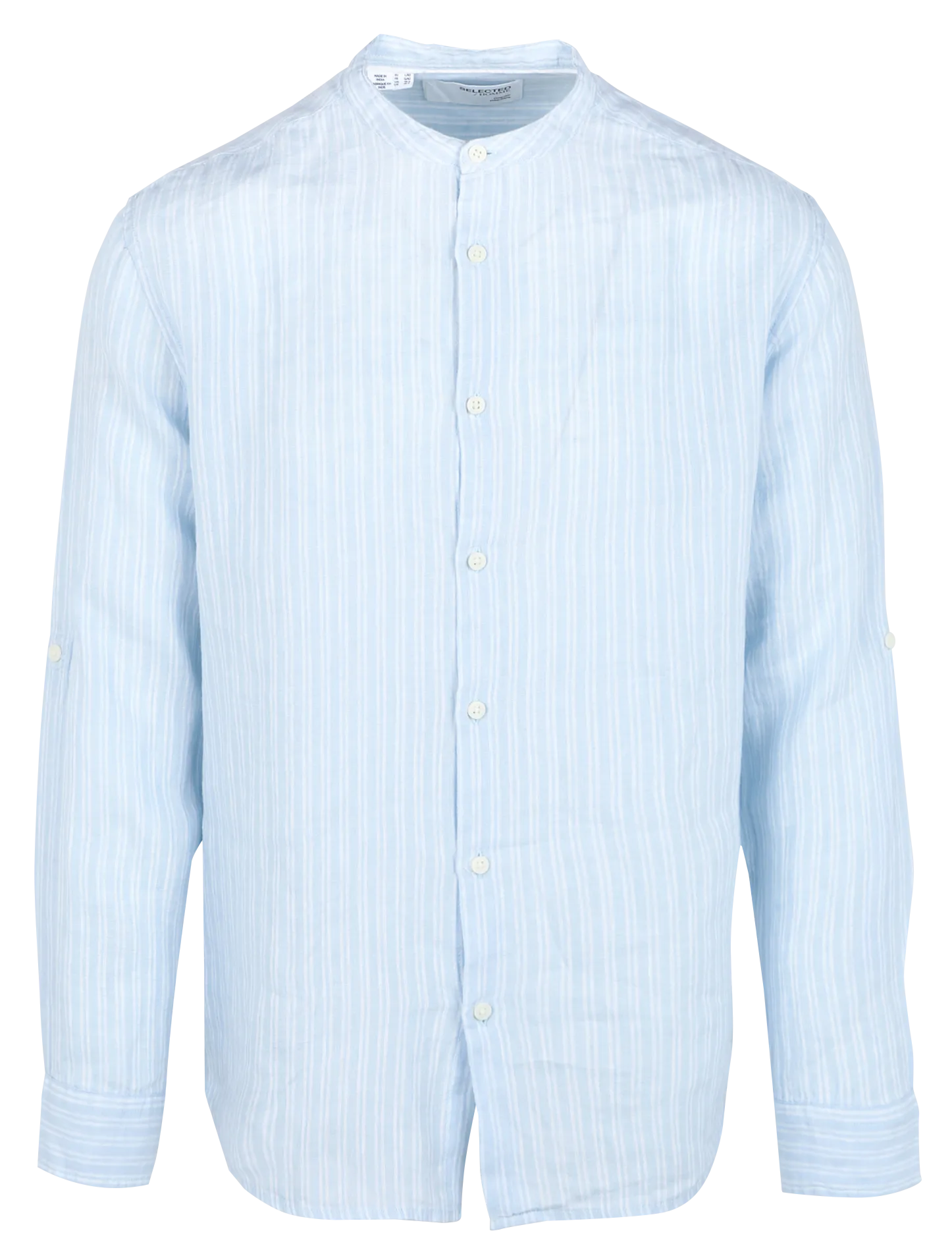 KYLIAN - Camisa regular fit de lino a rayas con cuello mao en azul