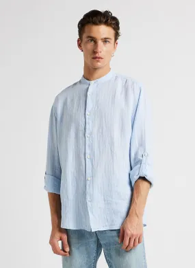 KYLIAN - Camisa regular fit de lino a rayas con cuello mao en azul