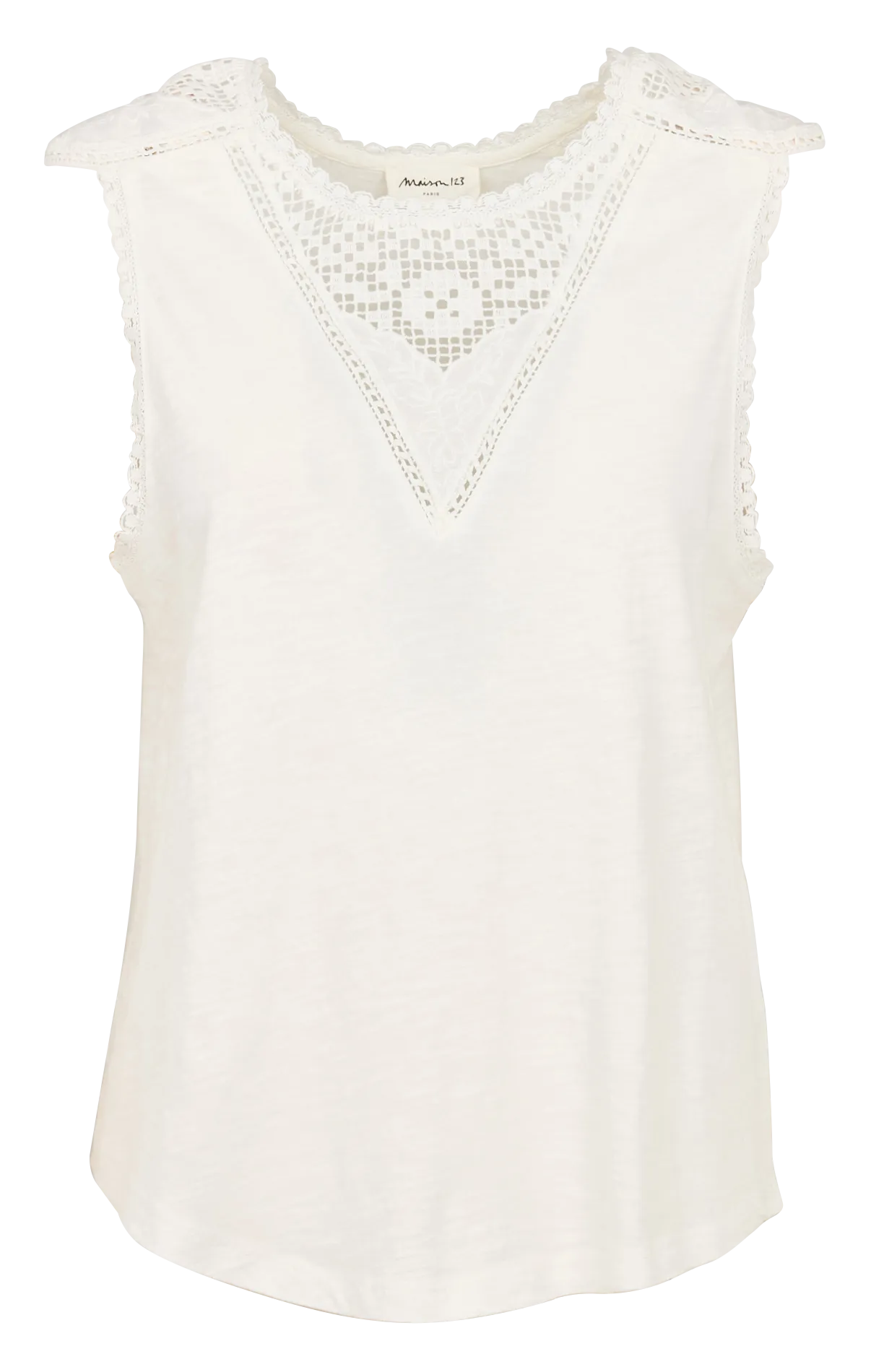 MAISON 123 TIANA - Camiseta de cuello redondo recto de algodón bordado en beige