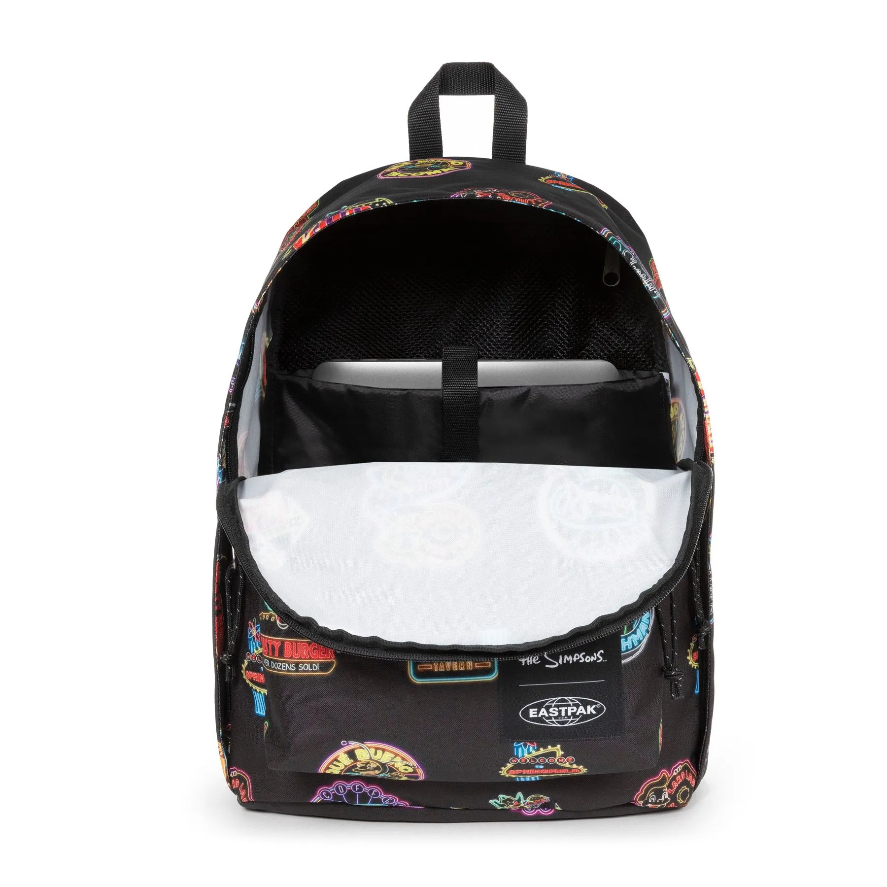 MOCHILA EASTPAK Out Of Office 27 litros con bolsillo ordenador EK7678D3 Simpson Neon Print negra con simpson neón