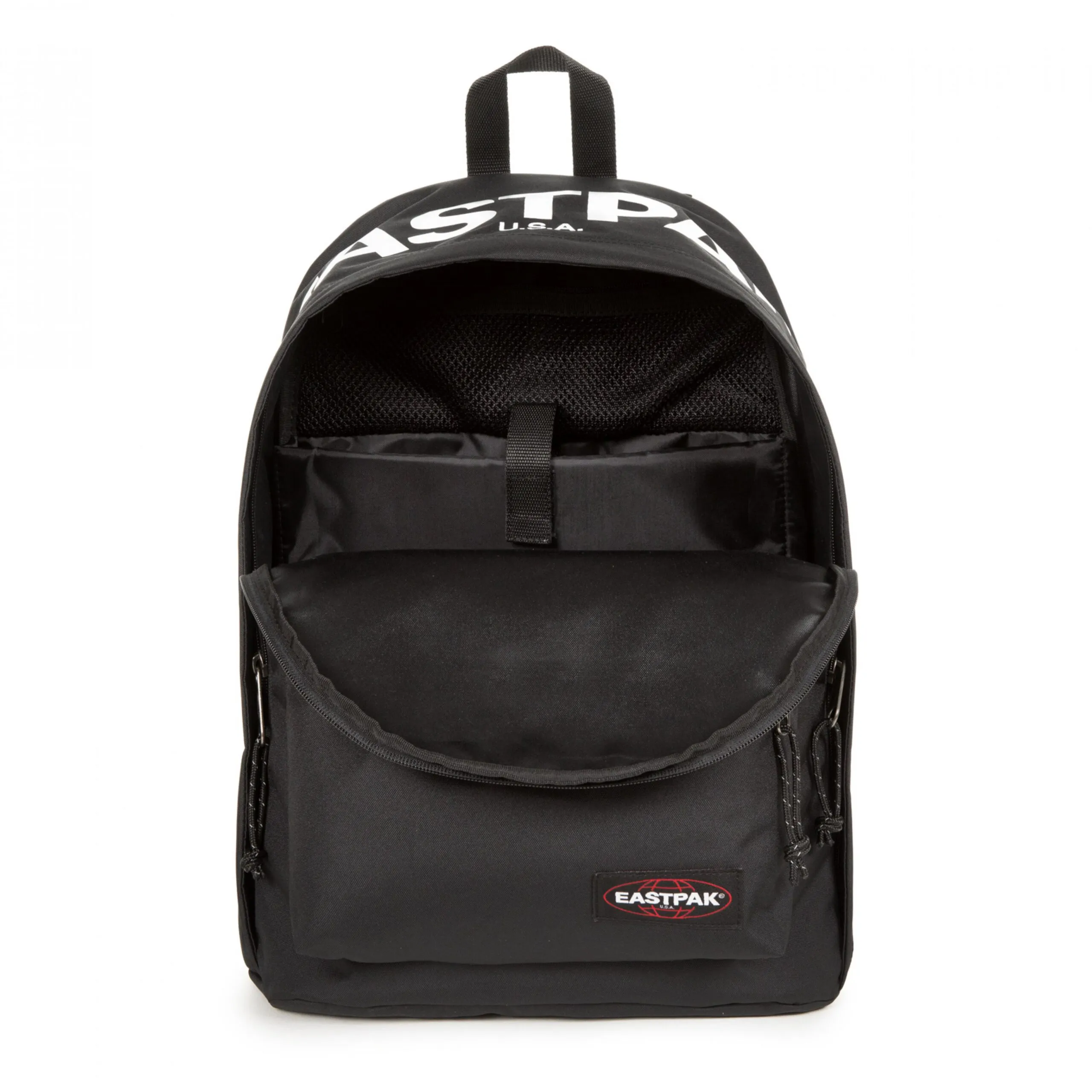 MOCHILA EASTPAK Out Of Office 27 litros con bolsillo ordenador EK767A16 Bold Brand negra con logo blanco solapa