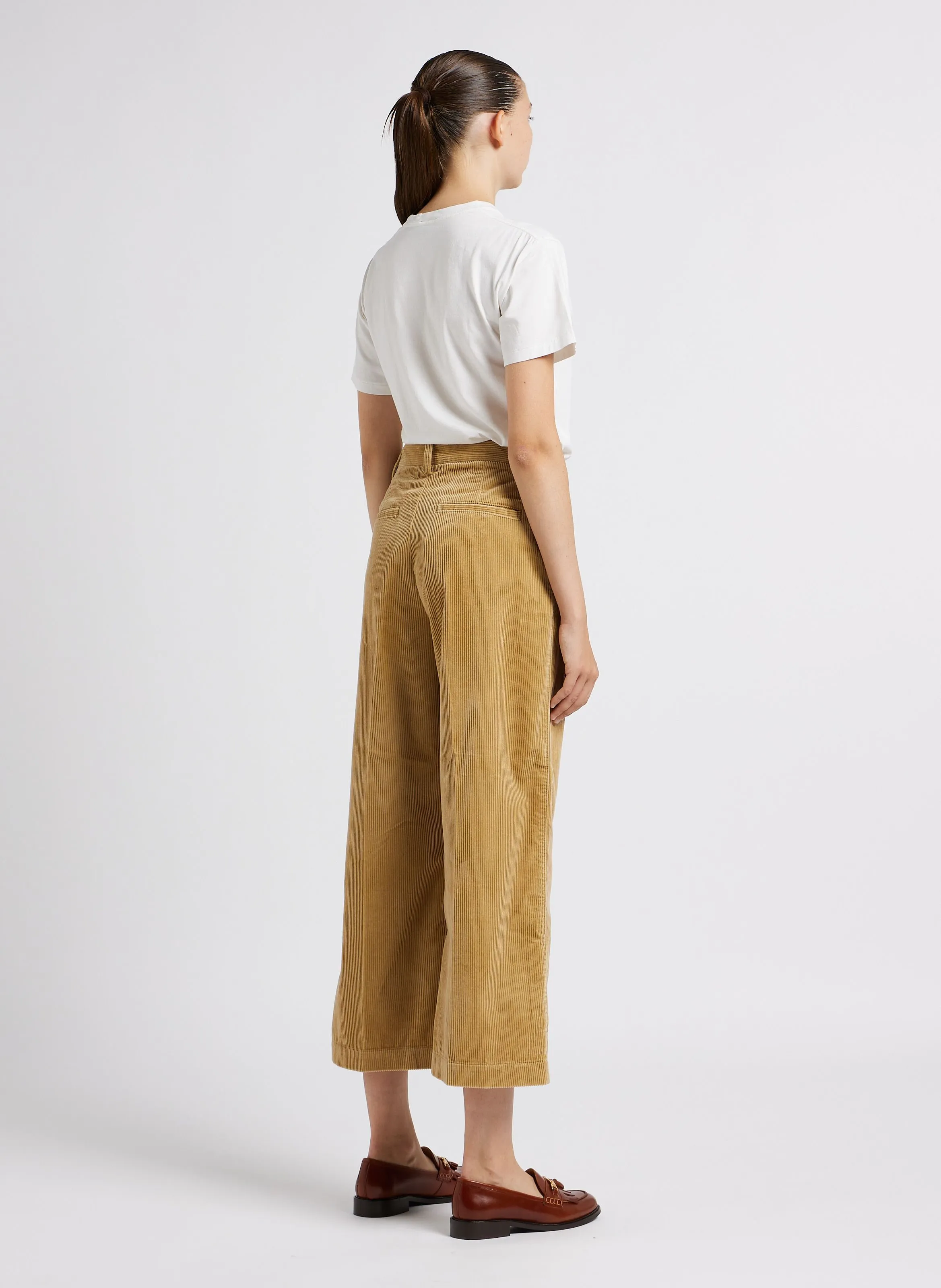 Pantalón ancho de canalé de algodón en beige