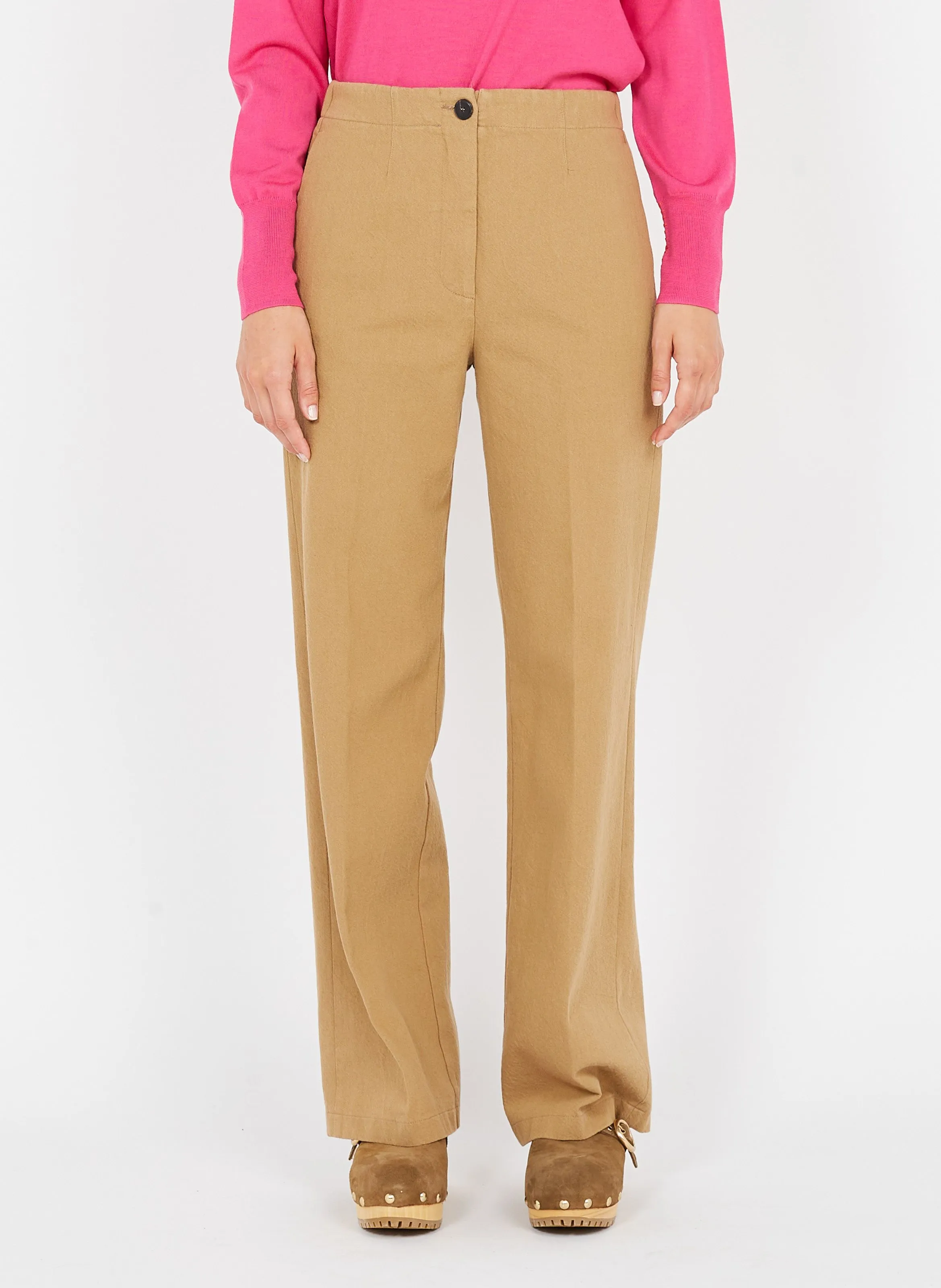 Pantalón ancho de mezcla de algodón de talle alto en beige