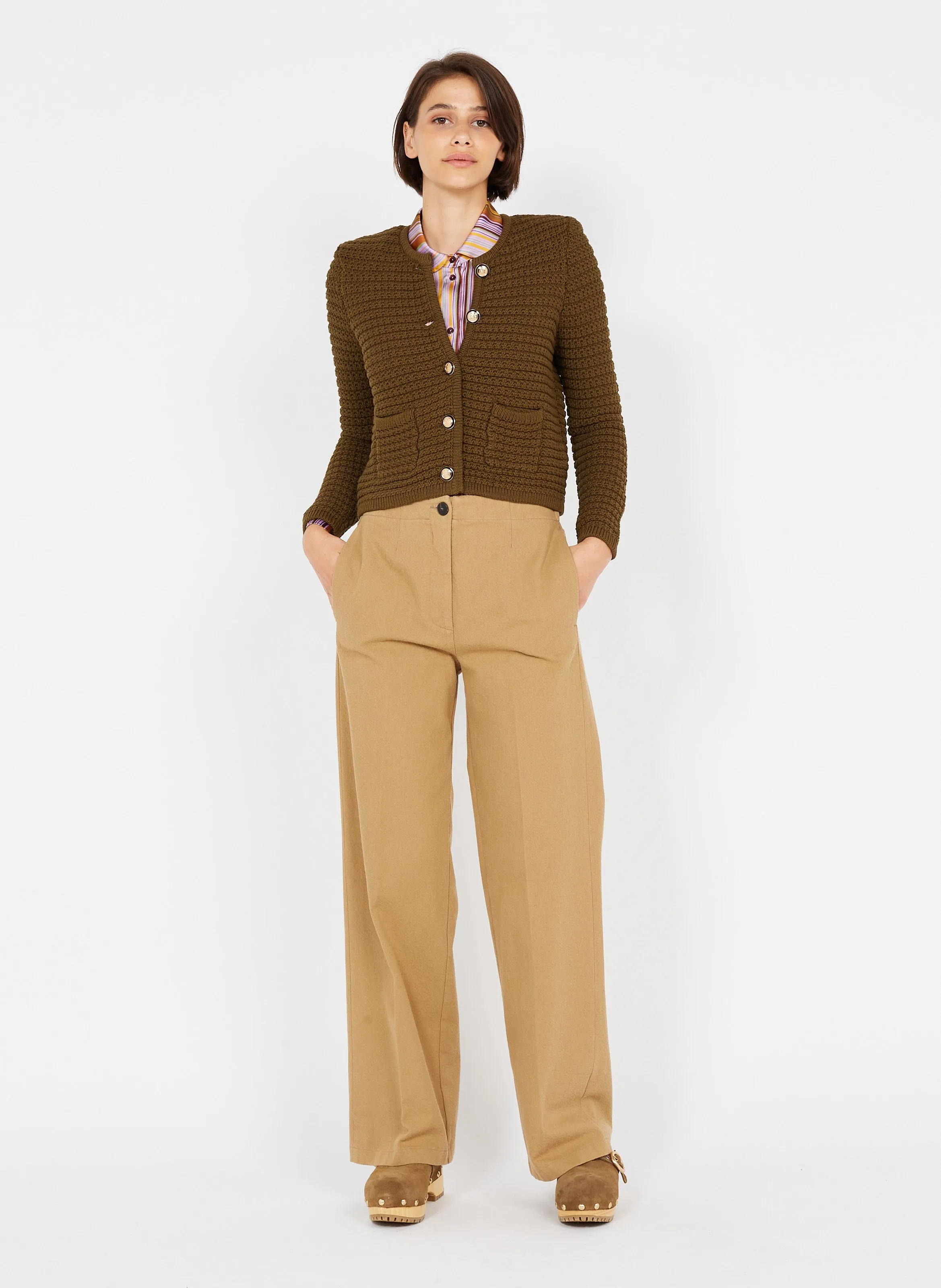 Pantalón ancho de mezcla de algodón de talle alto en beige