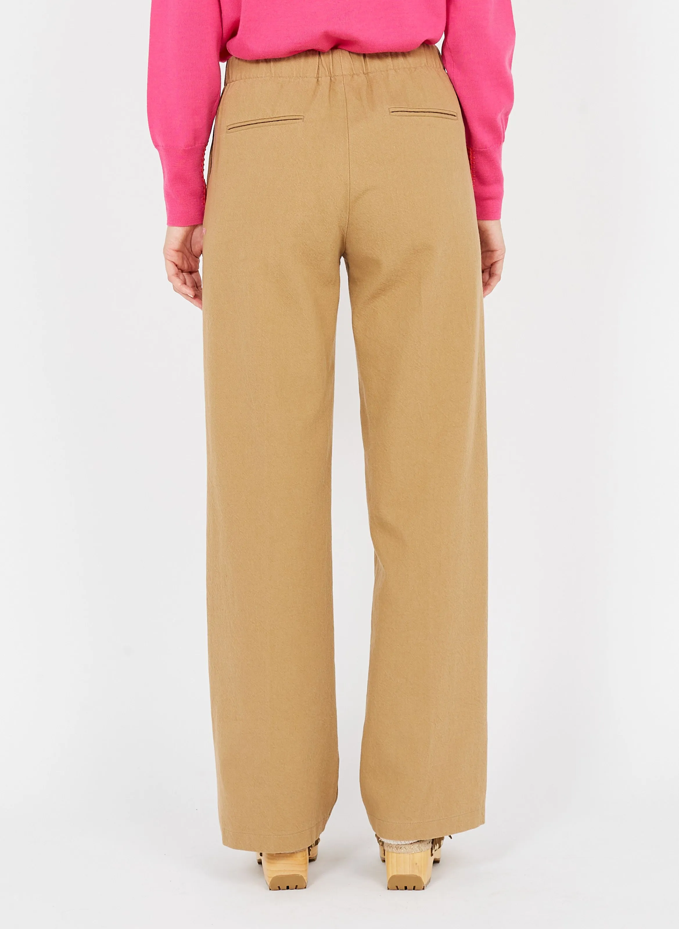 Pantalón ancho de mezcla de algodón de talle alto en beige