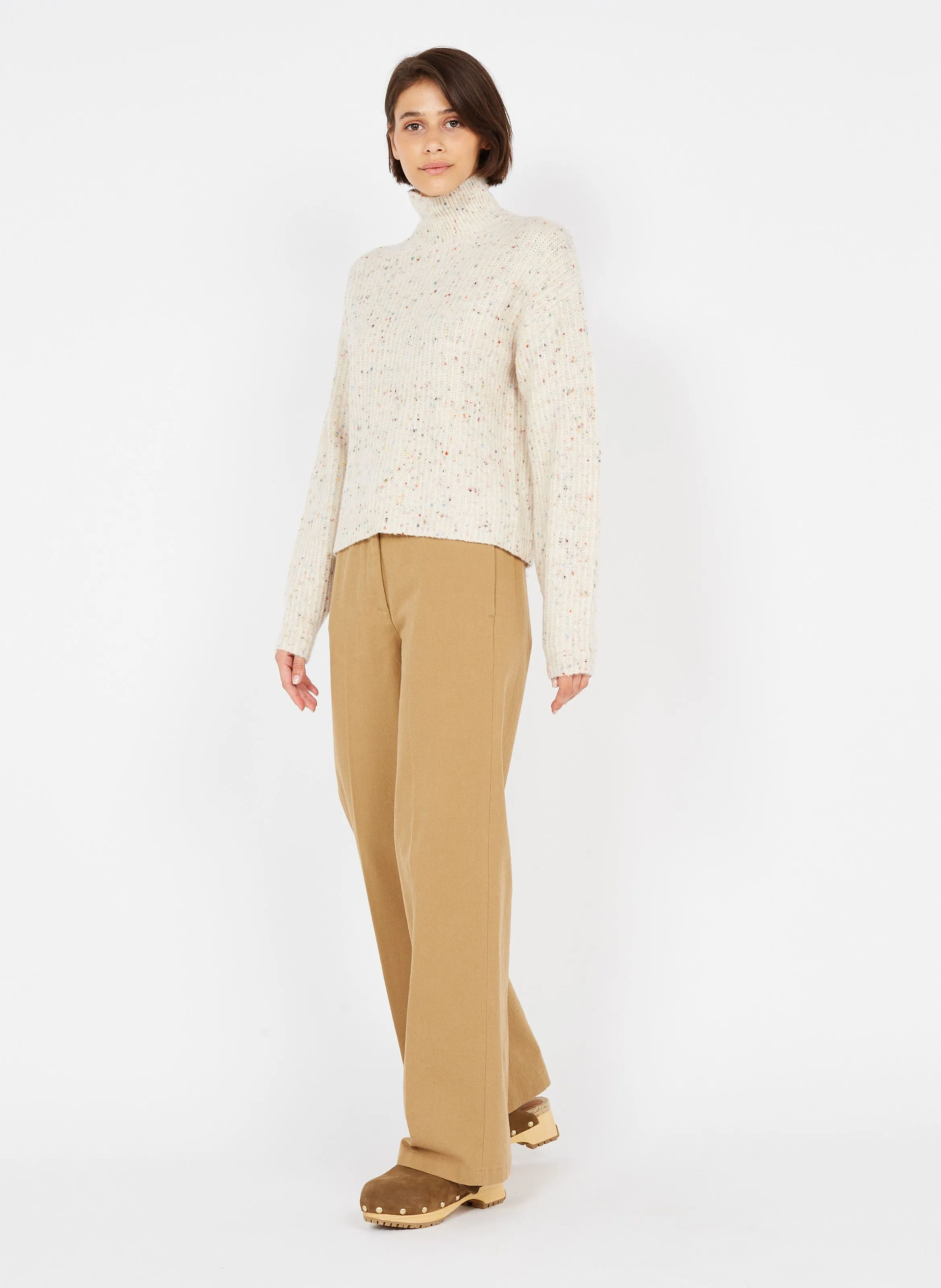 Pantalón ancho de mezcla de algodón de talle alto en beige