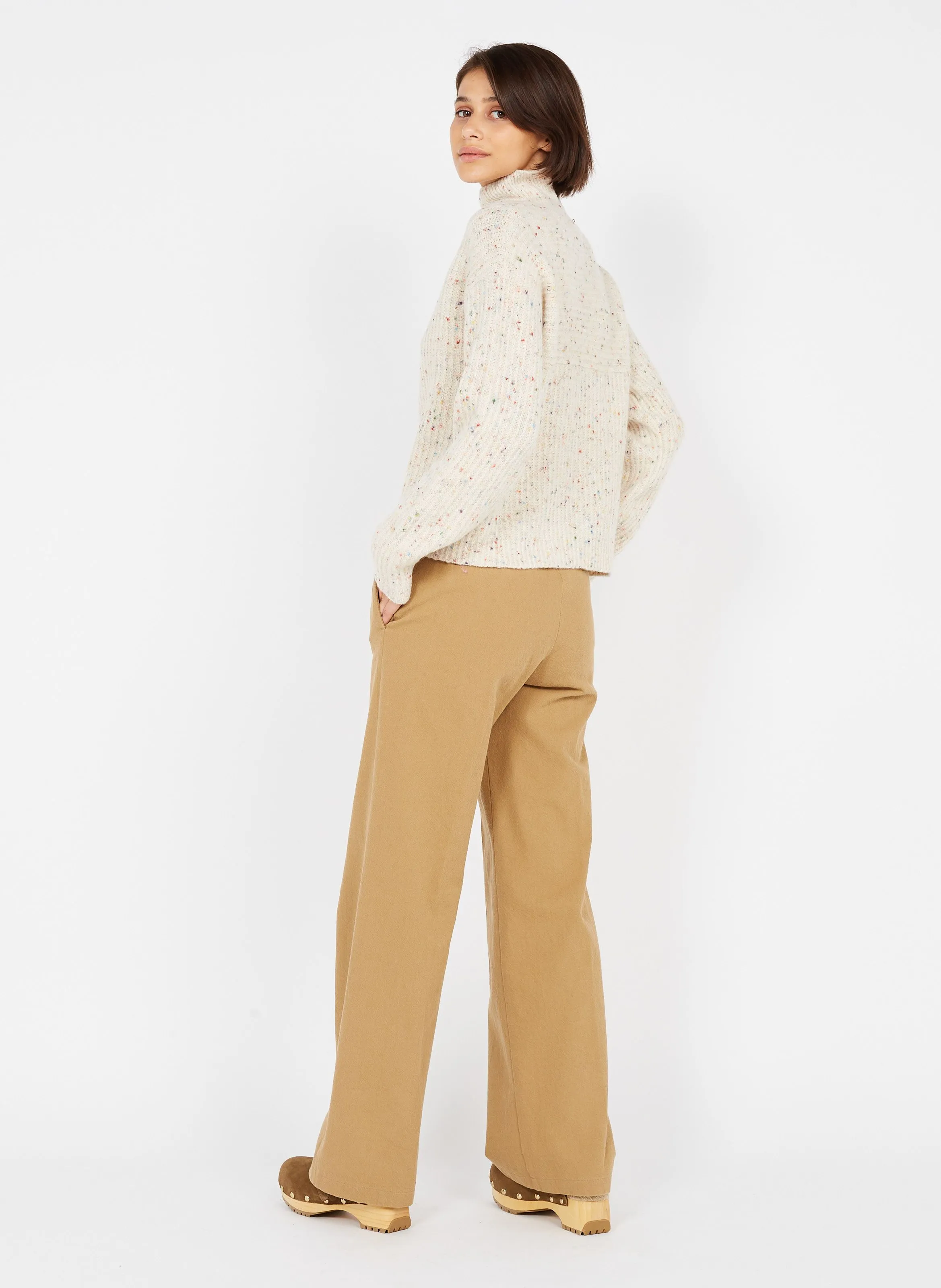 Pantalón ancho de mezcla de algodón de talle alto en beige