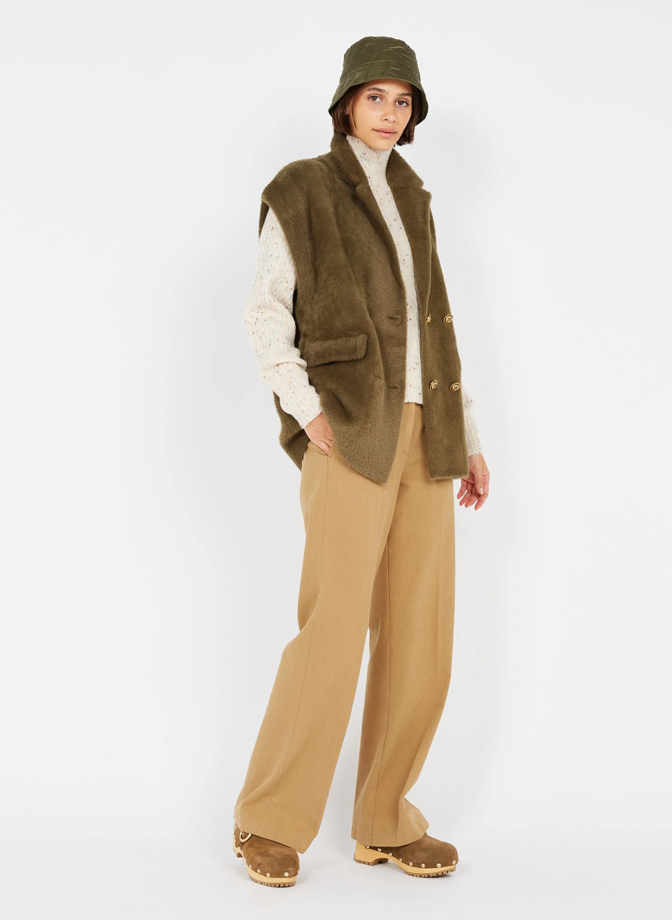 Pantalón ancho de mezcla de algodón de talle alto en beige