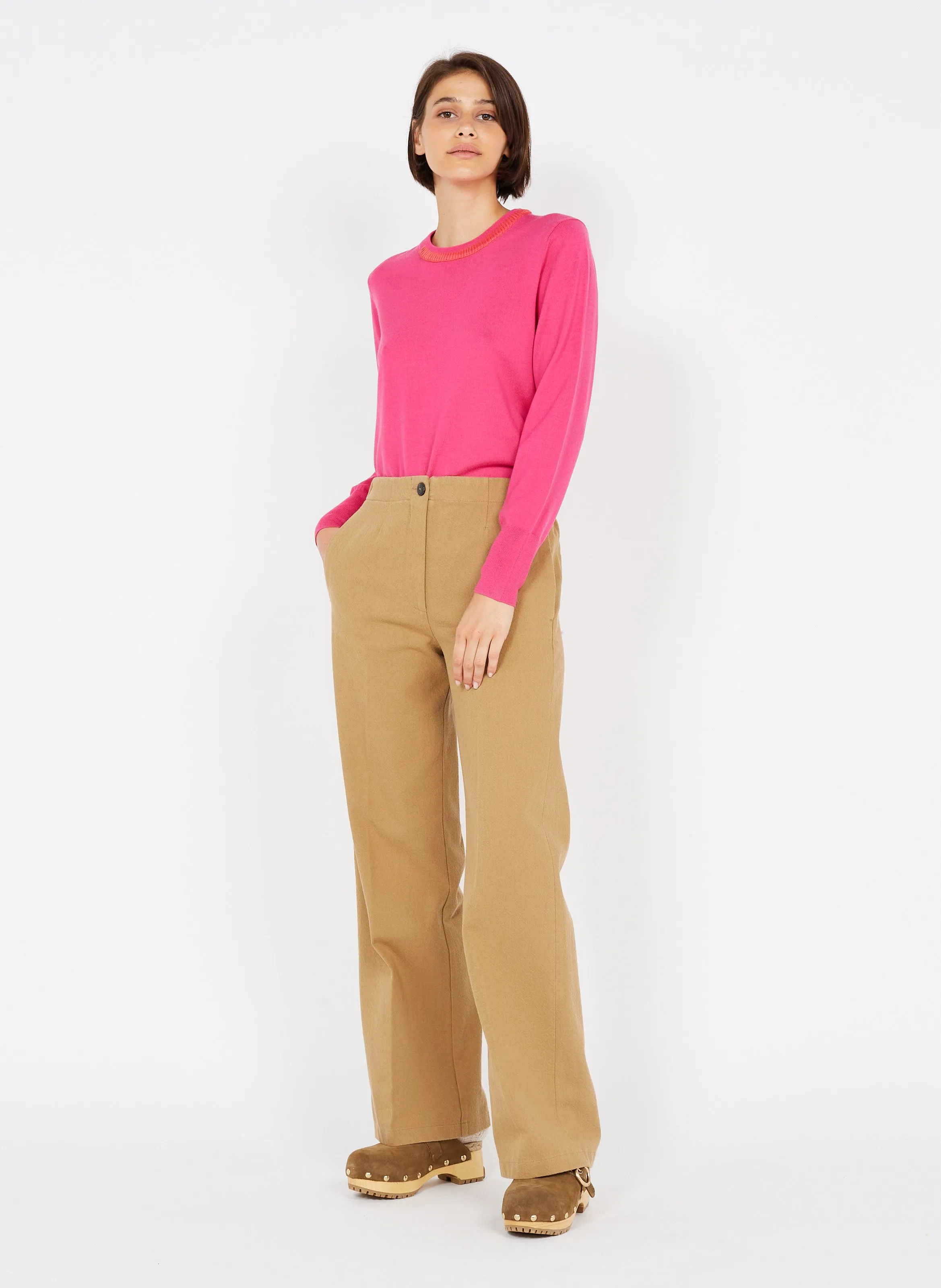 Pantalón ancho de mezcla de algodón de talle alto en beige