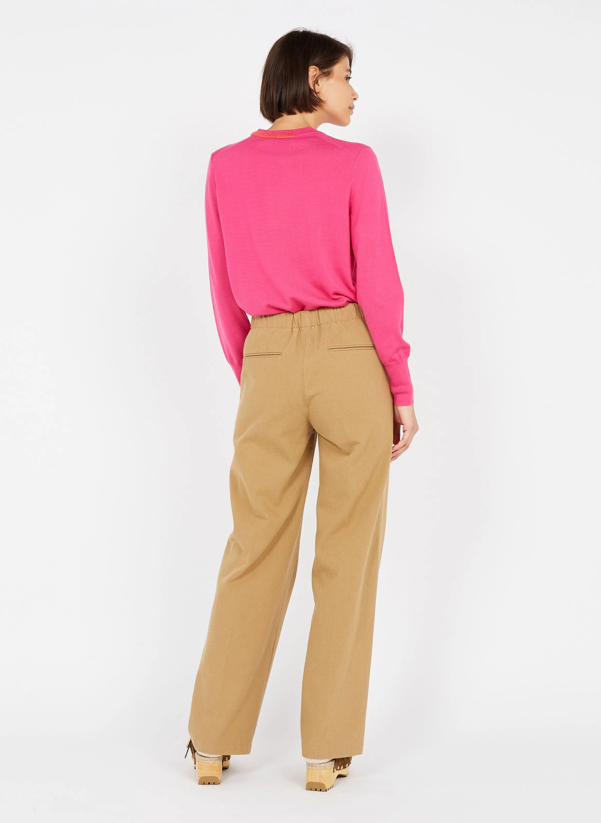 Pantalón ancho de mezcla de algodón de talle alto en beige