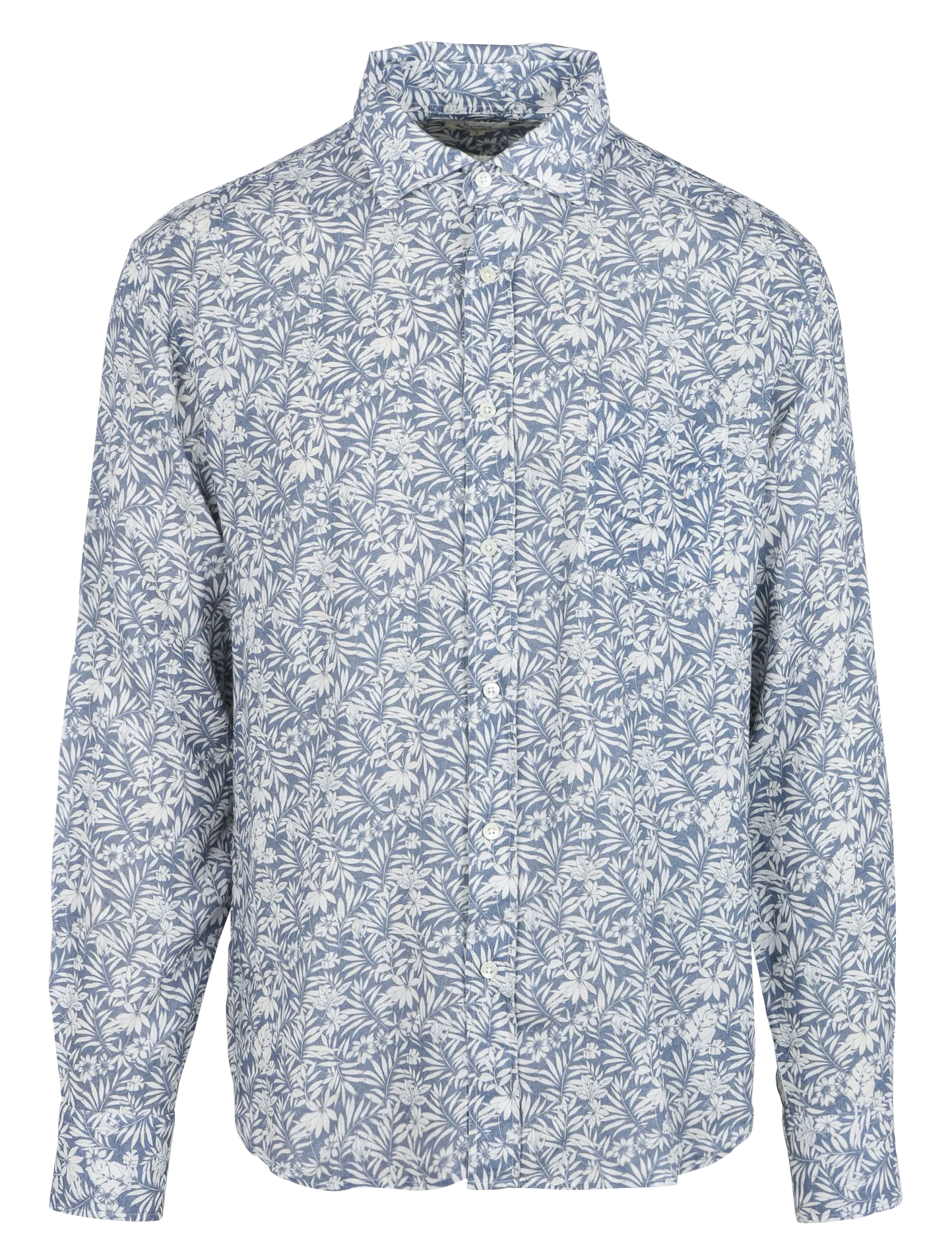 PAUL - Camisa regular fit con estampado vegetal en mezcla de lino. en azul