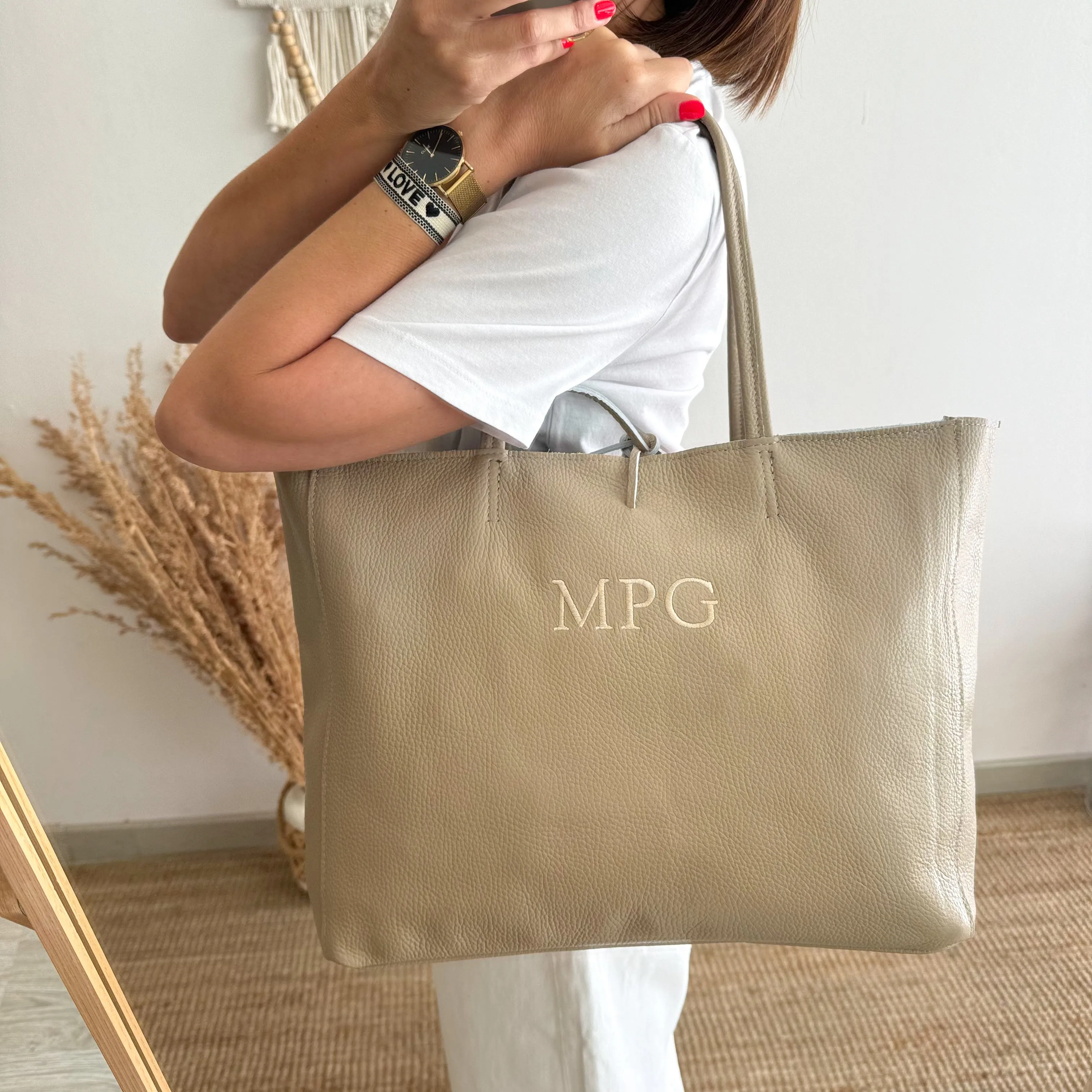 Shopper grande piel taupe cremallera personalizado iniciales bordadas